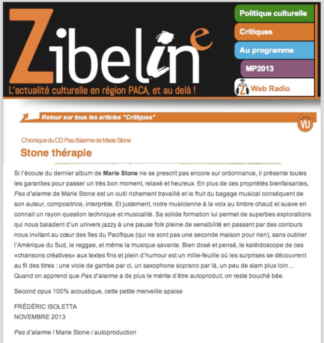 Article dans Zibeline- 2013